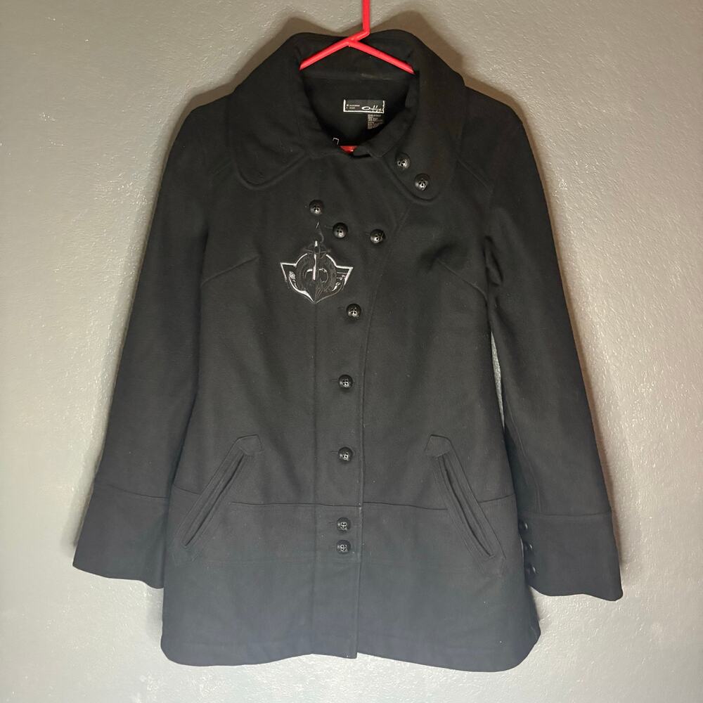 Vintage Y2K Oakley Pea Coat Women's M Black Wool Blend Embroidered Logo